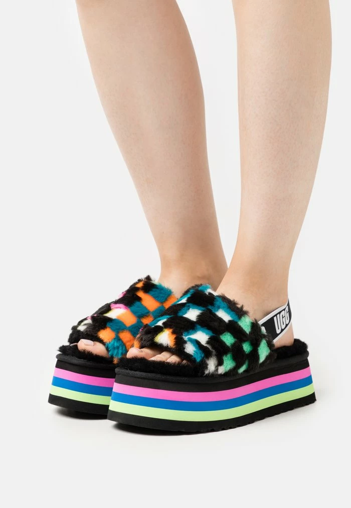 UGG DISCO CHECKS SLIDE - Platform Sandals - Black/multi-coloured